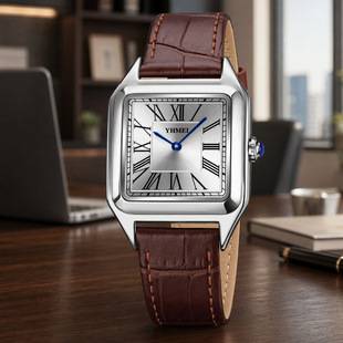 Yhmei Eternal Beauty Square Quartz Watch for Women with Genuine Leather Strap Fashionable Waterproof Ladies Wristwatch