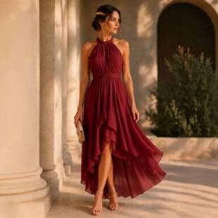 In-Stock Amazon Independent Site New Chiffon Elegant Waist-Cinching Halter Neck Gown Irregular Sleeveless Dress
