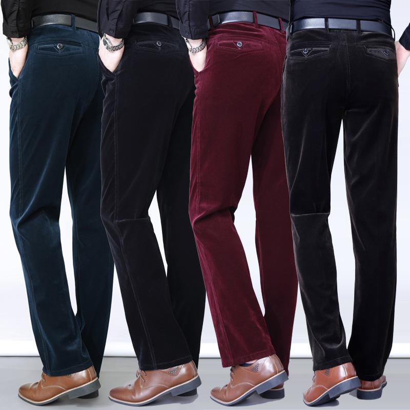 Autumn New Men's Cashmere Pants High Waist Elastic Corduroy Casual Pants Middle-aged Men's Outerwear Straight Pants