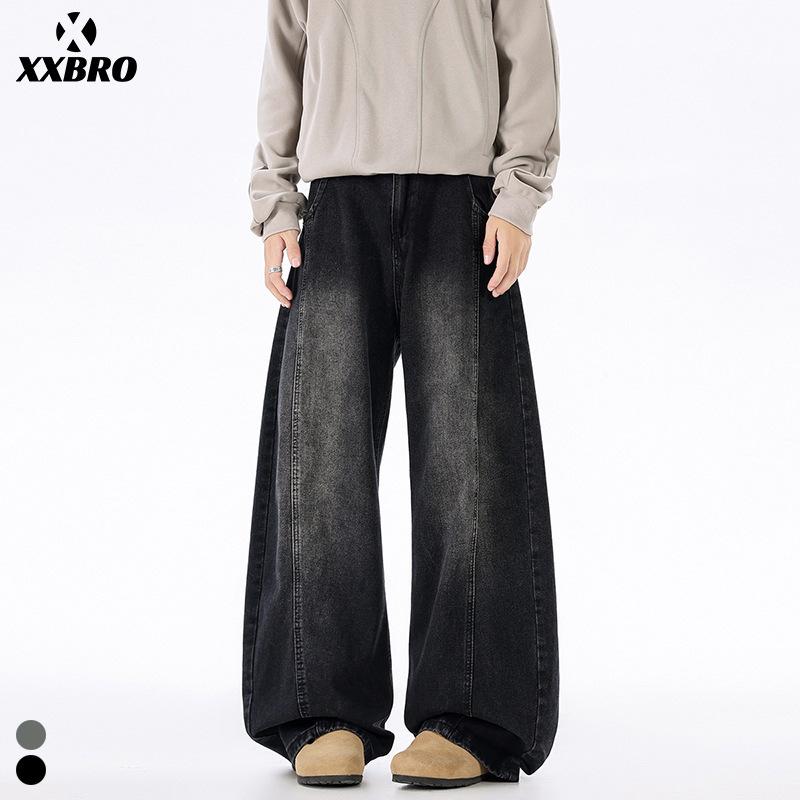 Muxi Clothing Autumn/Winter Street Style Japanese Retro Distressed Trendy Brand Wide-Leg Patchwork Versatile Straight-Leg Jeans for Men