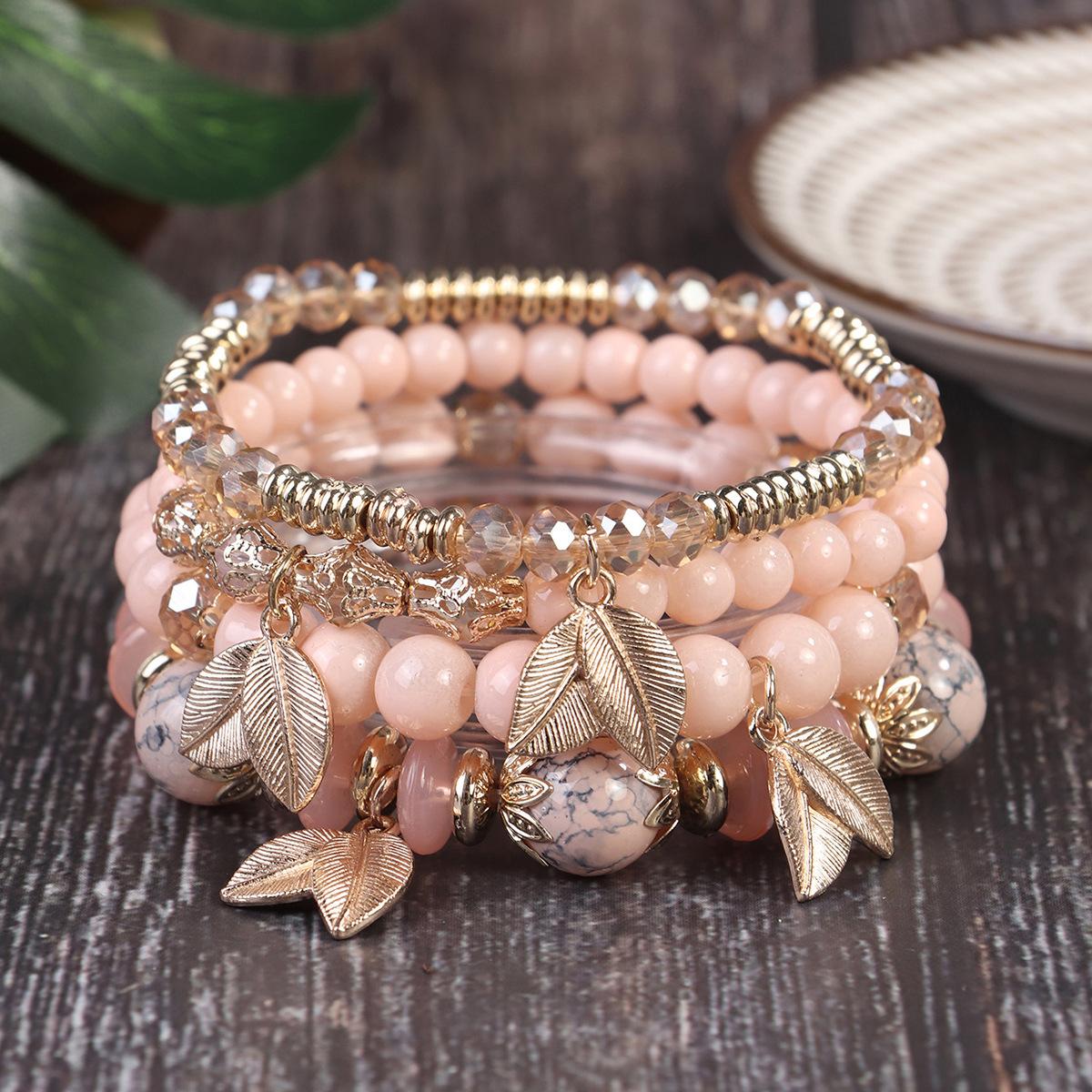 Cross-Border Popular Bohemian Bracelet with Leaf Ethnic Style Pendant, Elastic String Beads, Multi-Layer, Wholesale from Manufacturer, Crystal