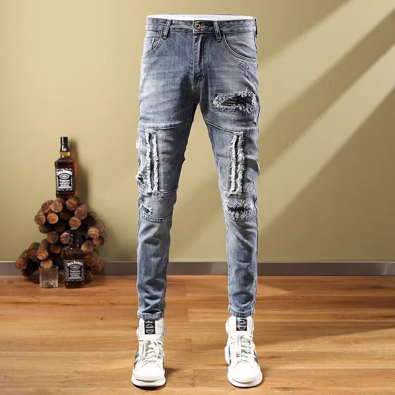 European and American Trendy Brand Men's Slim Fit Stretchy Jeans with Unique Irregular Ripped and Distressed Patches, Skinny Long Pants