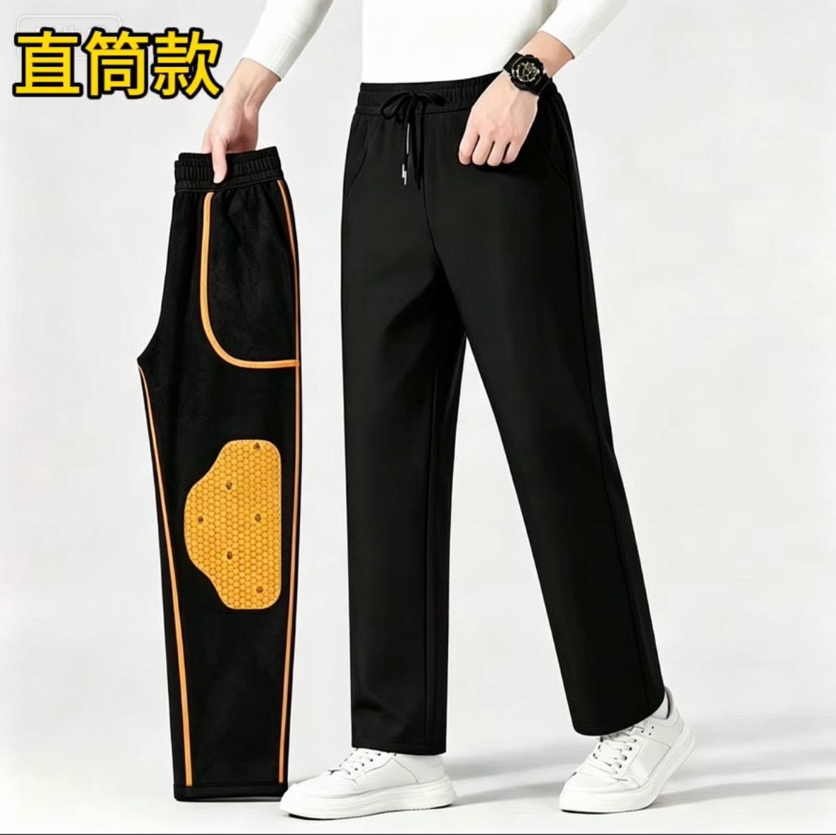 Six-proof windproof pants, fleece-lined and thickened for autumn and winter, elastic waistband, long pants, graphene knee pads, windproof and cold-resistant, straight-leg style, men's