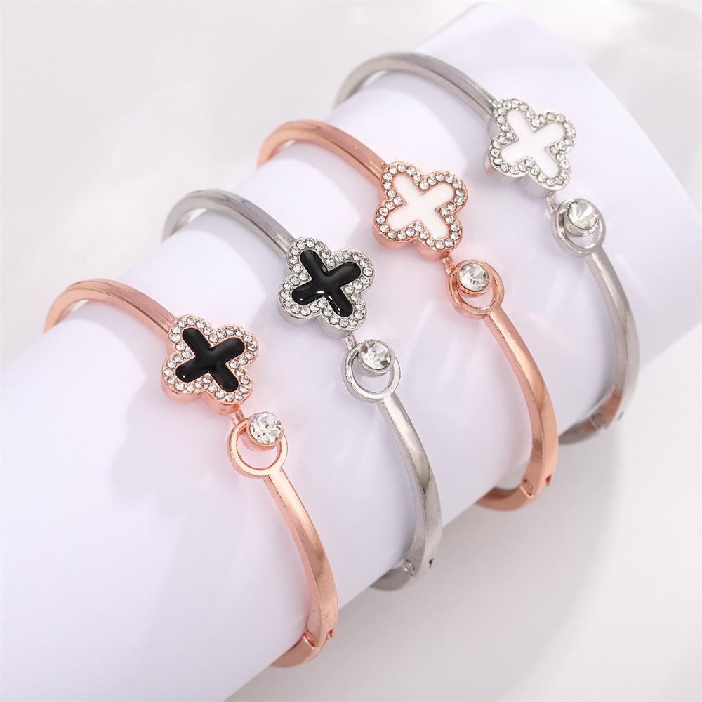 Korean Fashion Four-Leaf Clover Diamond-Studded Bracelet, Exquisite and High-End Zircon Adjustable Bracelet, Cross-Border Ins Style