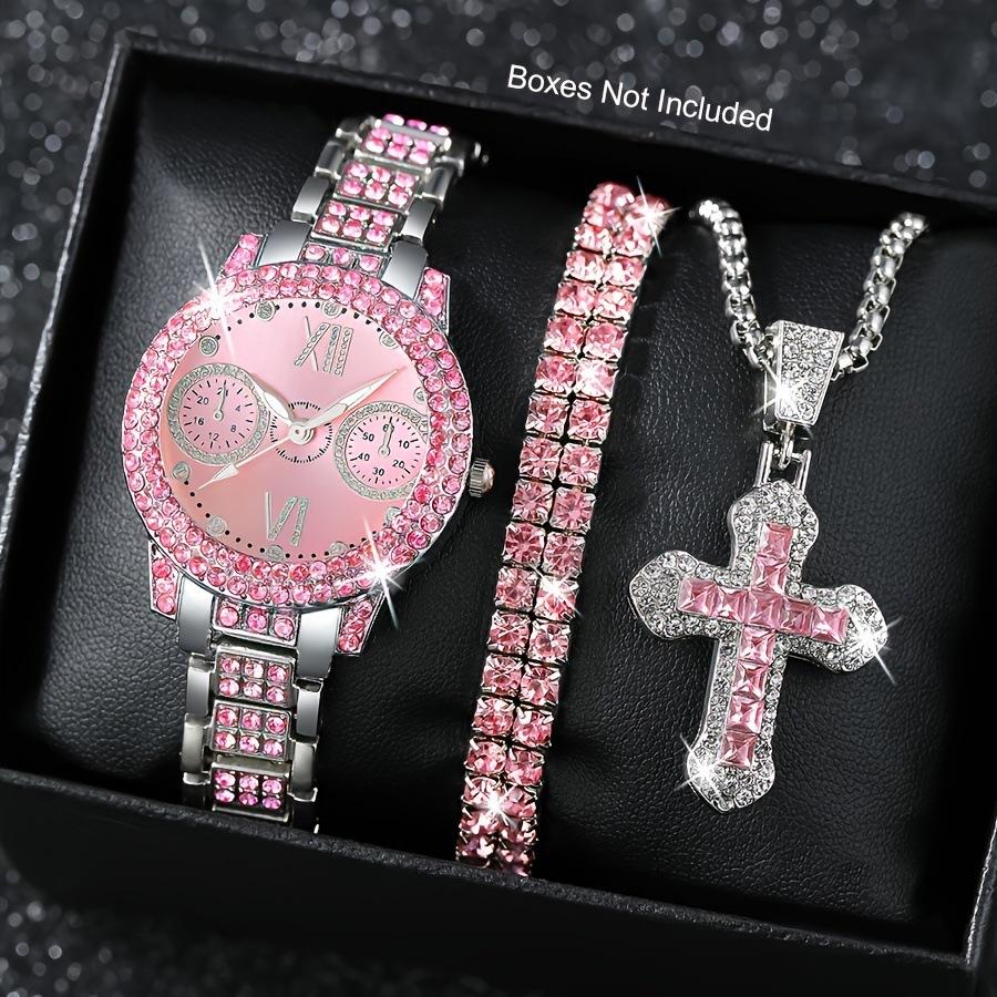 Hot-Selling Fashion Silver Powder Women's Quartz Watch with Trendy Diamond-Encrusted Cross Design, Steel Band, Casual Women's Watch in Stock