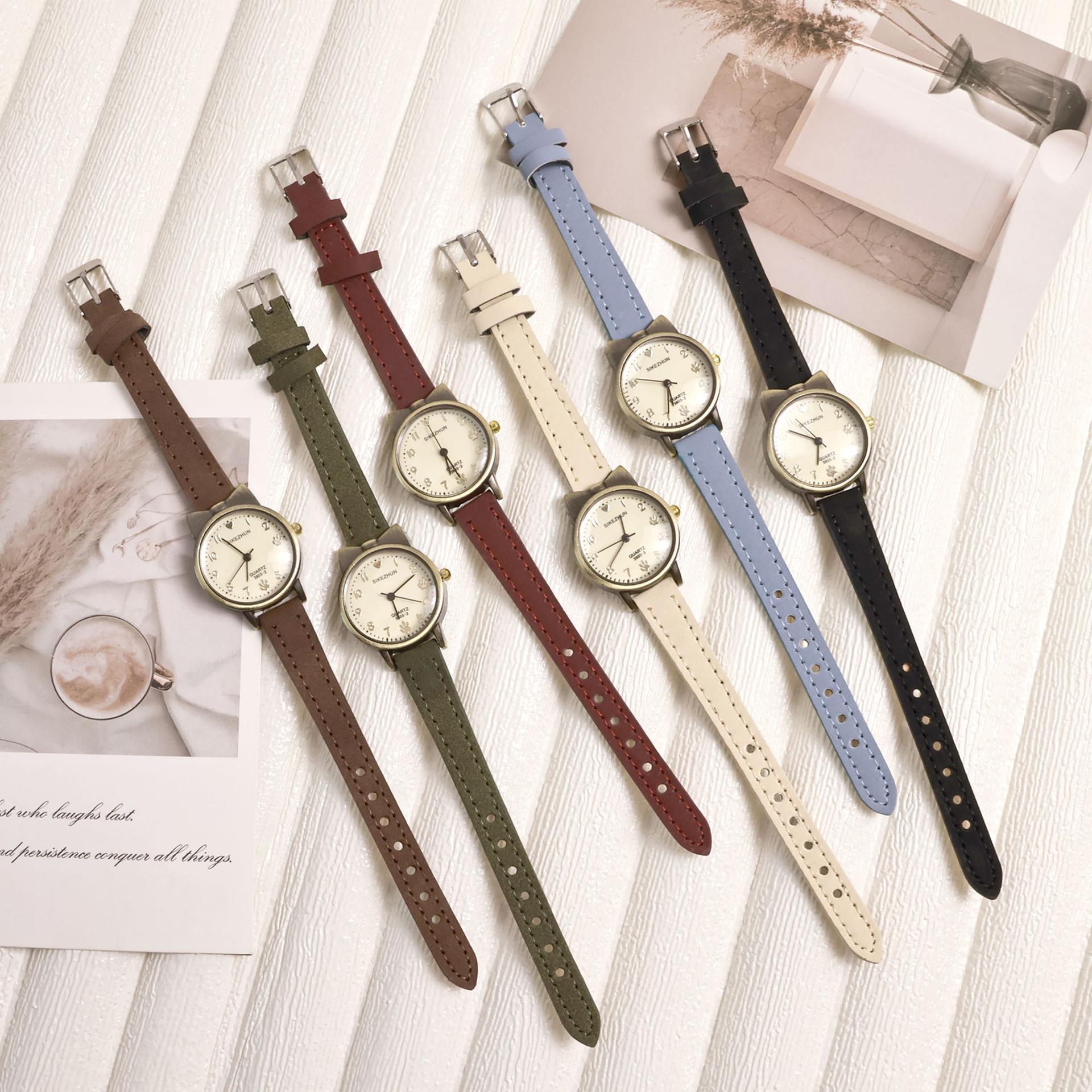 Korean Style Retro Bronze Cat Small Round Watch for Junior High School Students Niche Simple Elegant Literary Women's Quartz Watch