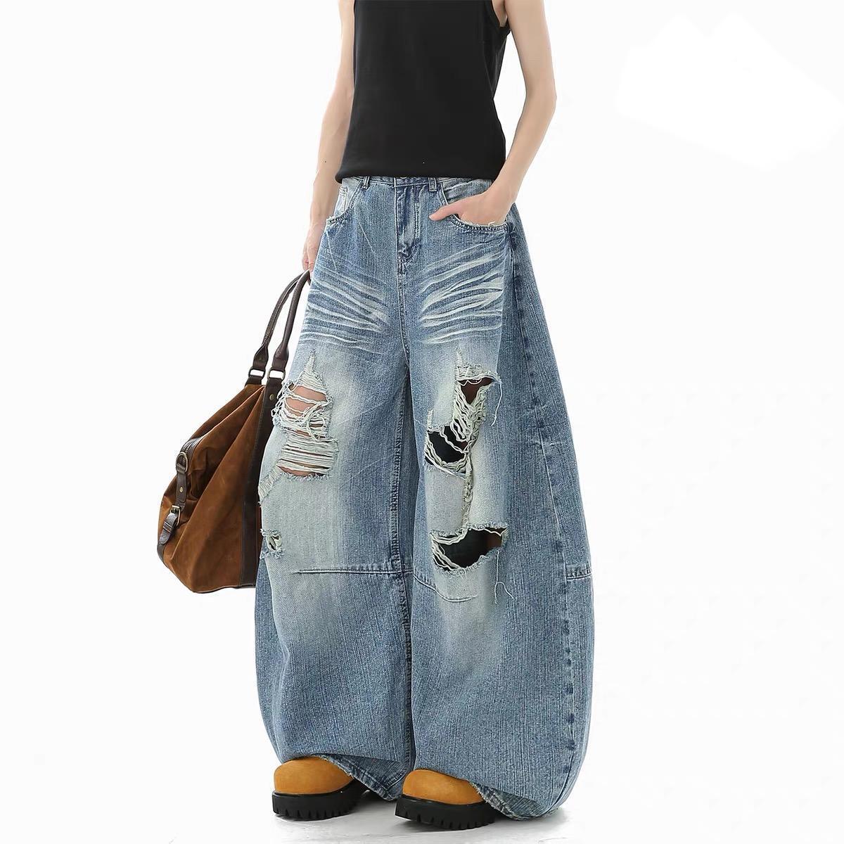 American-Style Ripped Jeans for Men, Summer New High-Street Style, Whiskered Wide-Leg Pants, Trendy Vibe Design Pants