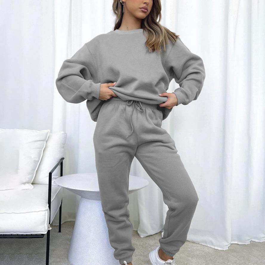 2026 Amazon European and American Spring and Autumn Solid Color Round Neck Pullover Long Pants Women's Fashion Casual Long-Sleeve Sweatshirt Set
