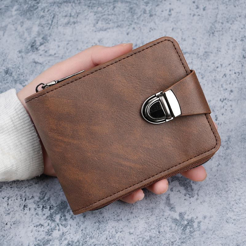 Cross-Border New Style Men's Wallet, Short Style, Retro Lock Zipper, Multi-Card Slot Card Holder, Casual Large-Capacity Leather Wallet Wholesale