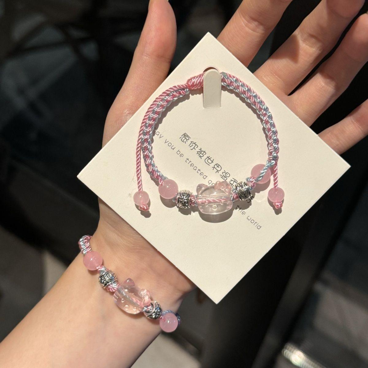 HelloKitty Handmade Braided Blue Powder Bracelet Handmade Cute Student Girlfriend Gift Hello Kitty Accessories
