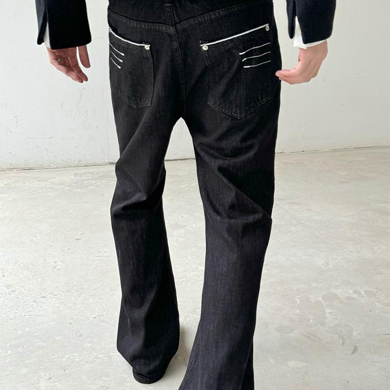 Men's trendy black raw denim jeans, loose straight fit, embroidered, high street American style, cleanfit, slightly flared pants