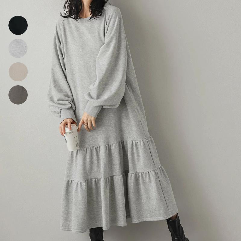 Japanese Spring and Autumn Women's Loose-Fitting Mid-Length Dress with Patchwork Ruffle Hem Sweatshirt Dress Long-Sleeve Over-The-Knee Long Dress