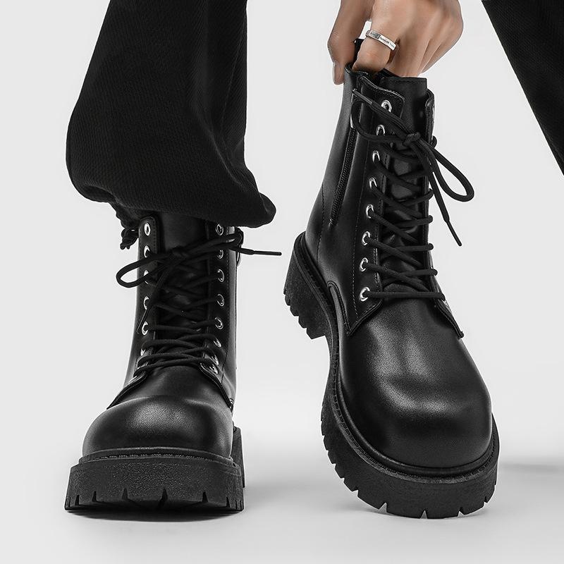 Side Zipper Martin Boots for Men, High-Top British Style Leather Black Work Boots, Motorcycle Boots, Autumn Height-Increasing Mid-Top Short Boots