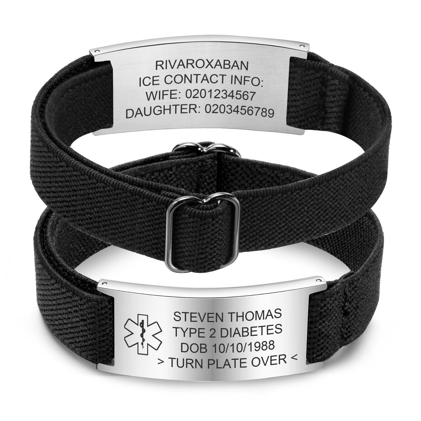 Stainless Steel Curved Bracelet with Needle, Elastic Braided Band, Medical Information, Black Stainless Steel Curved Bracelet with Engraving