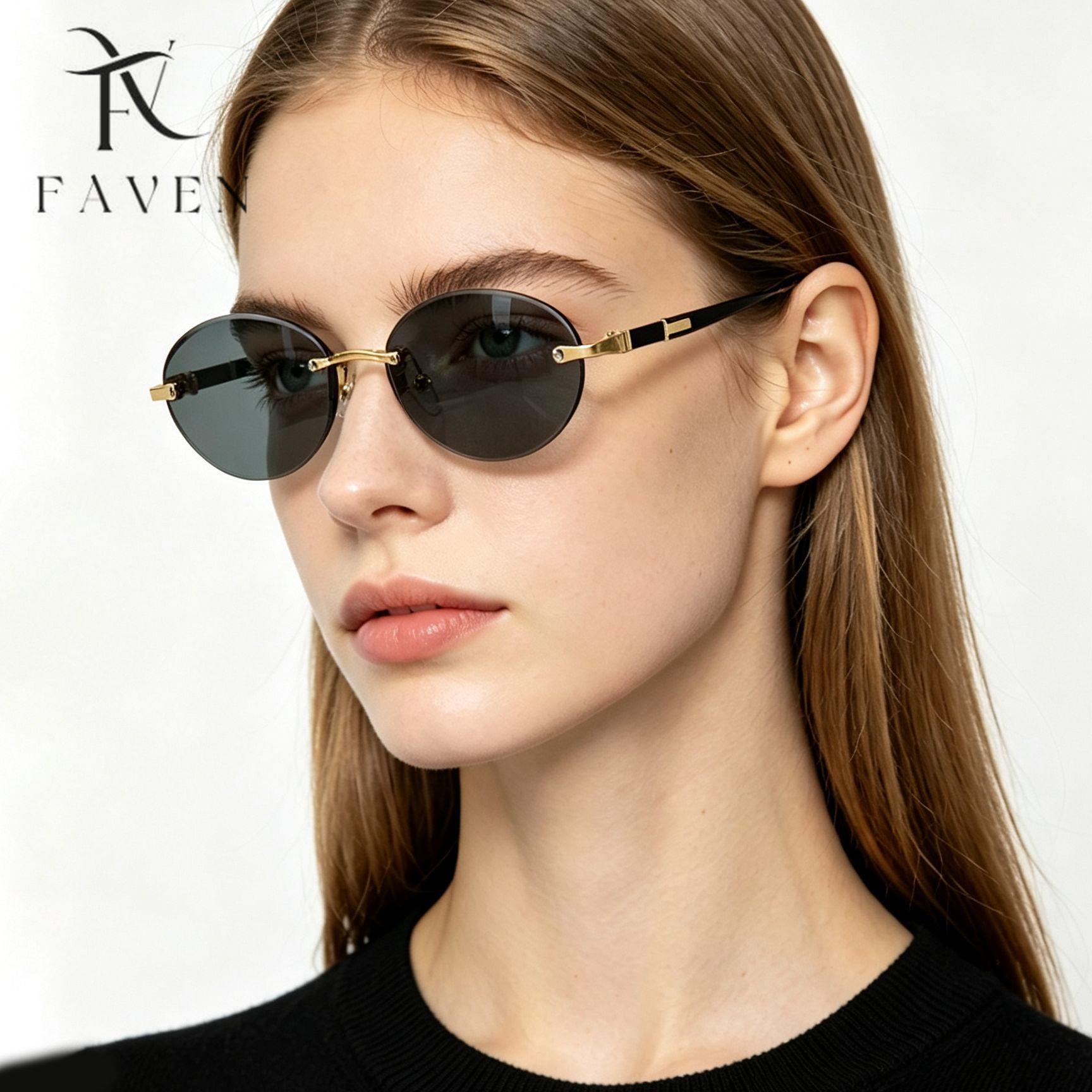 2026 New Cross-Border Oval Fashion Personality Frameless Sunglasses Uv Protection Driving Women's Street Style Sunglasses