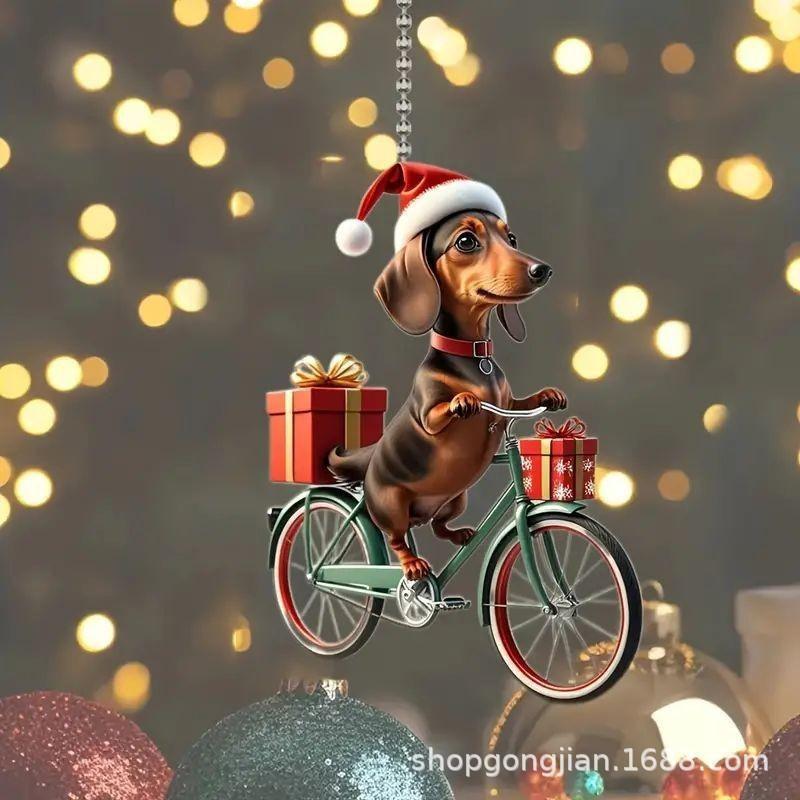 Christmas Cycling Puppy Acrylic Pendant New Car Interior Decoration Pendant Christmas Tree Pendant Car