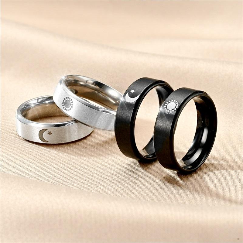 Cross-Border Popular Titanium Steel Couple Rings, Popular Design Moon and Sun Men's and Women's Rings, European and American Hand Jewelry Wholesale