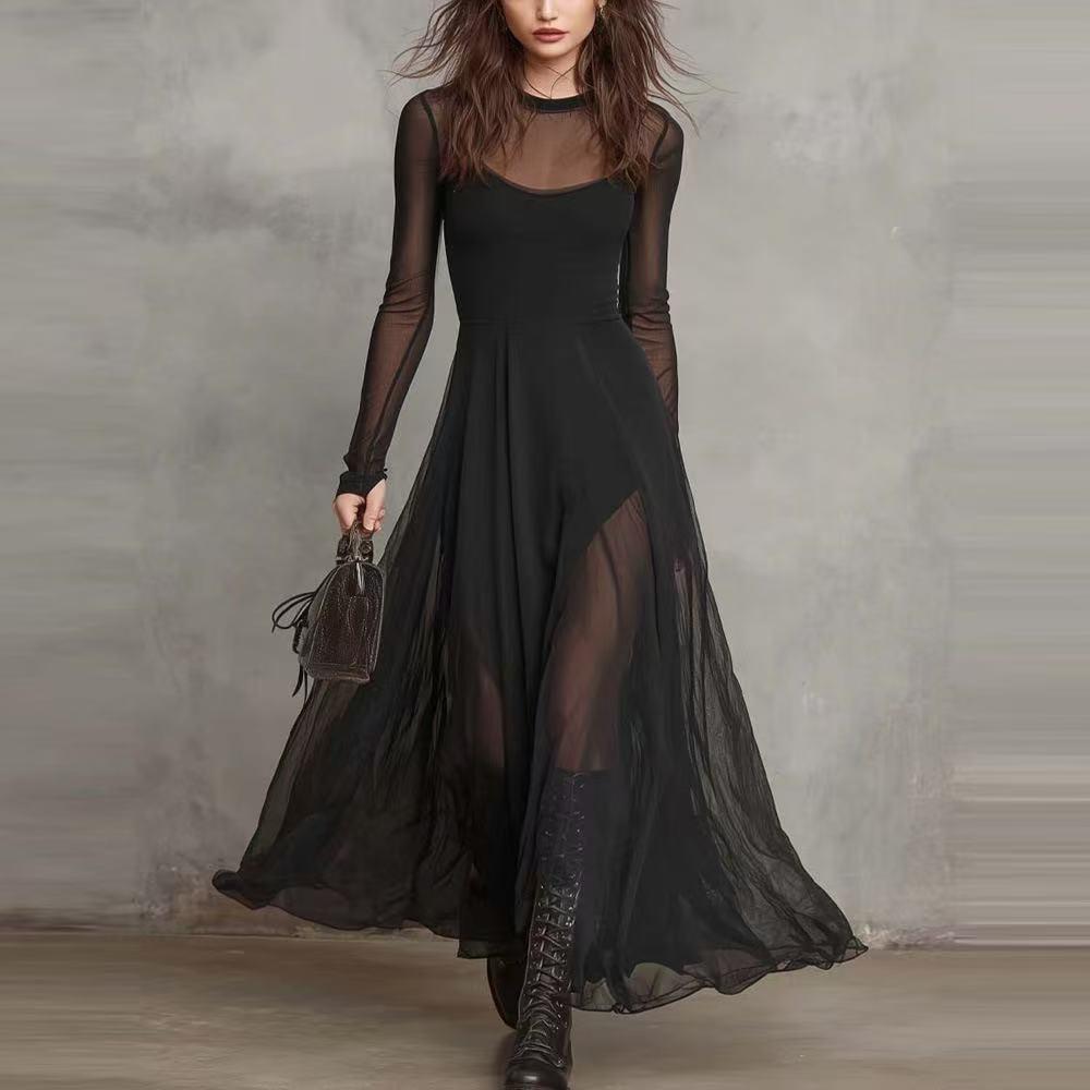 2026 New Fashionable Sexy Elegant Women's Long Dress with Mesh Splicing for Cross-Border European and American Independent E-commerce Platforms