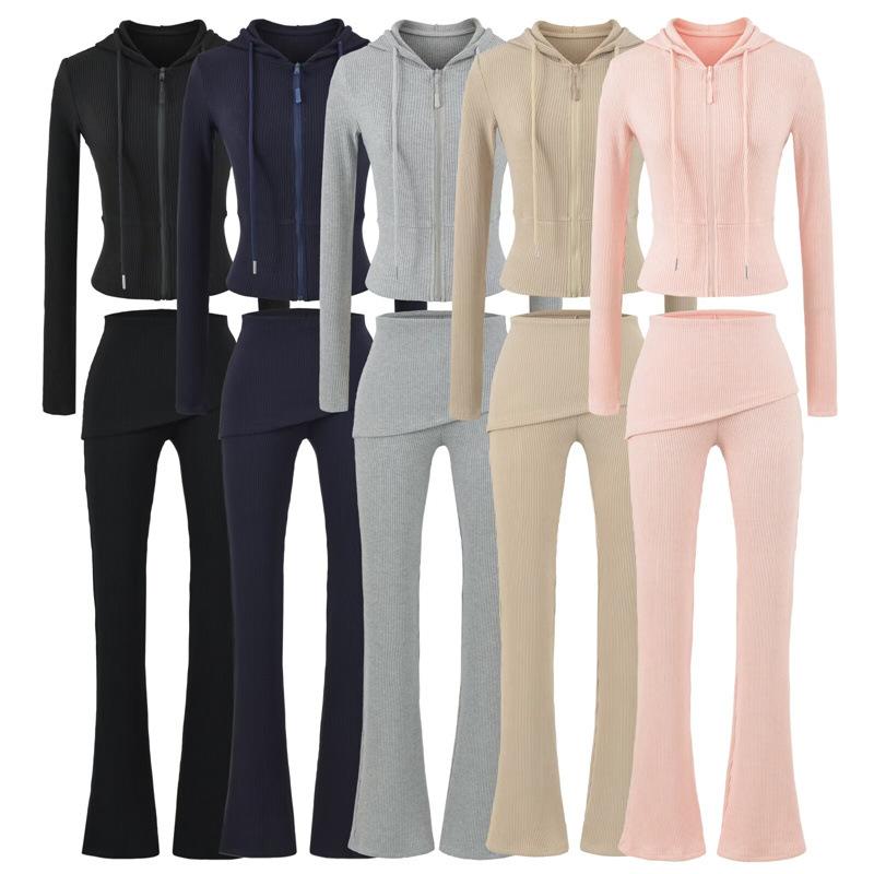 Korean-style waist-cinching hooded long-sleeve sweatshirt cardigan two-piece set with cuffed waist, slim fit, butt-lifting, slightly flared floor-length pants for women