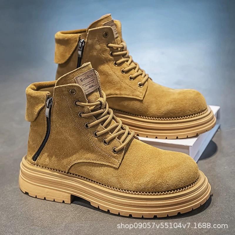 New men's yellow boots for outdoor motorcycle riding and hiking, thick-soled versatile retro mid-top Martin boots, trendy