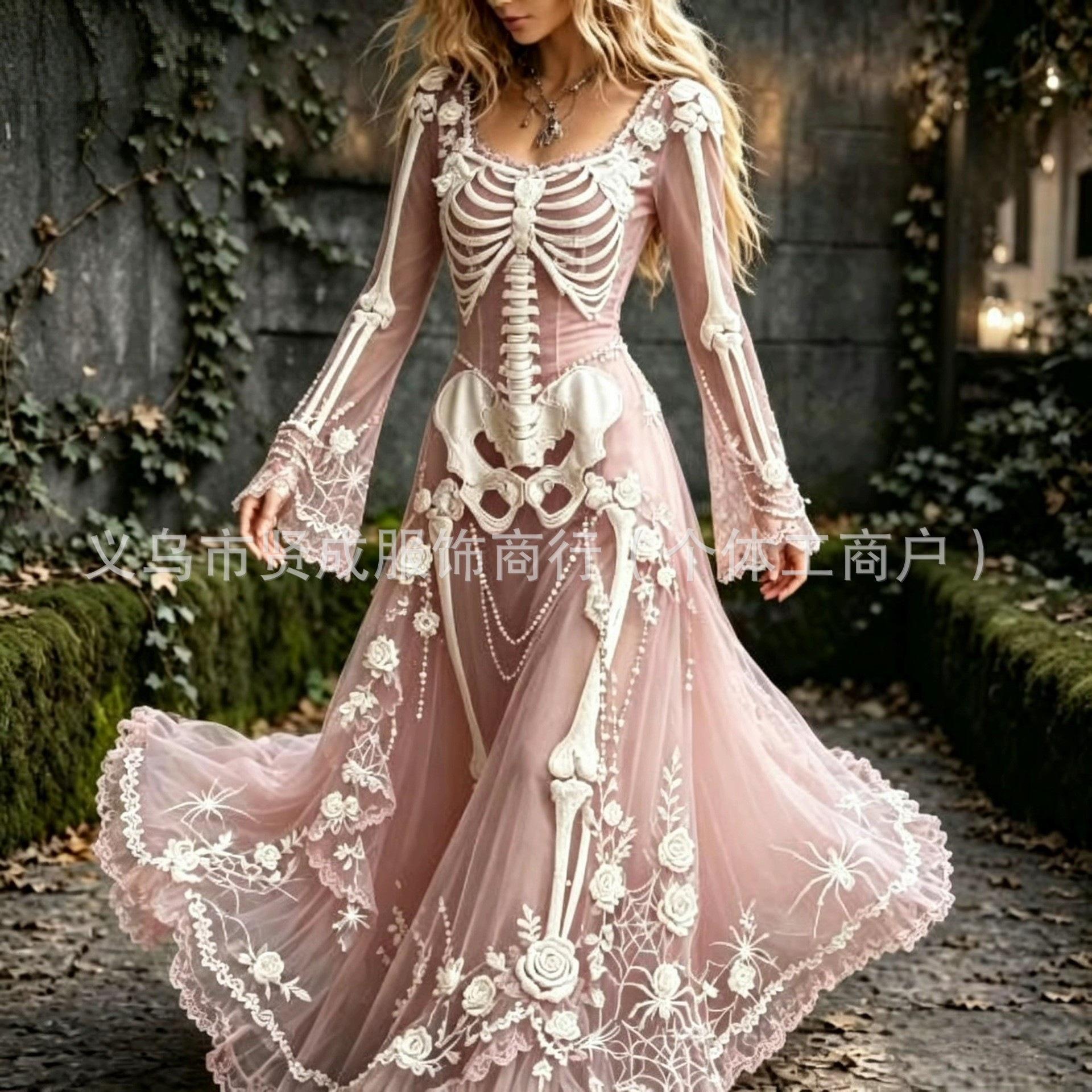 Women's Vintage Gothic Skull and Rose Gradient Pattern Dress Gradient Pattern Long Halloween Dress