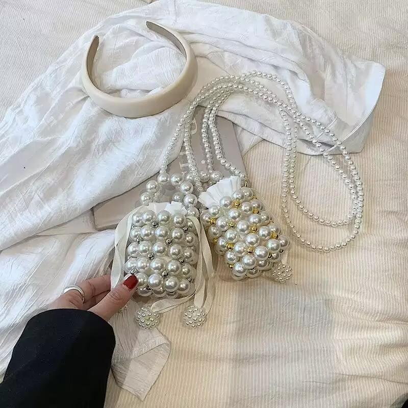 Pearl Handheld Handmade Woven Bucket Bag Women's New 2025 New Chinese Style Bag Children's Crossbody Bag Girl's Summer