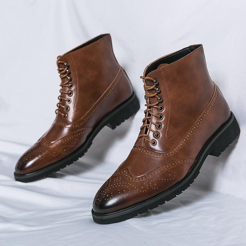 Cross-border plus-size 2026 men's distressed high-top leather shoes, size 46 men's boots, new autumn and winter brogue leather boots, men's lace-up shoes