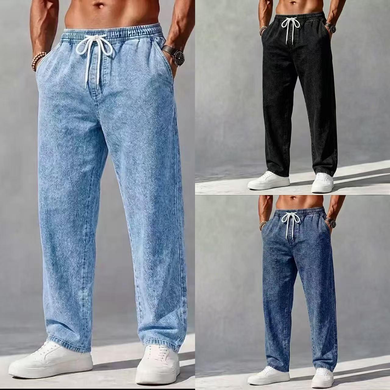 European and American style men's drawstring elastic waist washed distressed jeans, loose straight wide-leg casual versatile men's pants