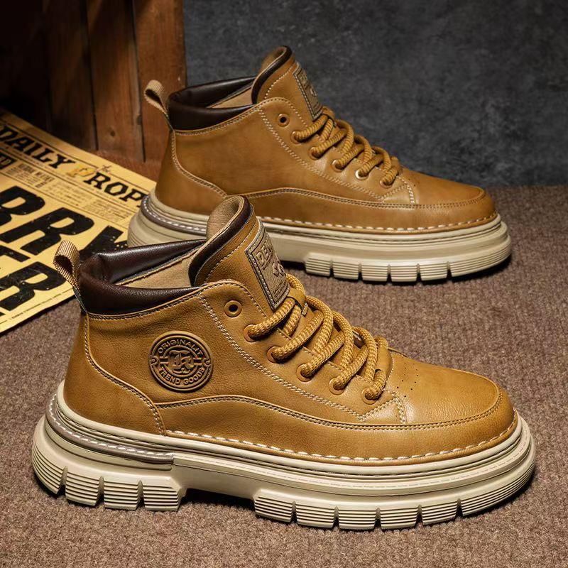 Martin Boots for Men, High-Top, Spring Season, British Style, Retro Genuine Leather, Men's Casual Leather Shoes, Mid-Top, Height-Increasing, Waterproof Work Boots