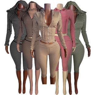 HR26050 European and American fashion women's striped hooded zip-up cardigan with a folded waistband and three-quarter length pants, two-piece set