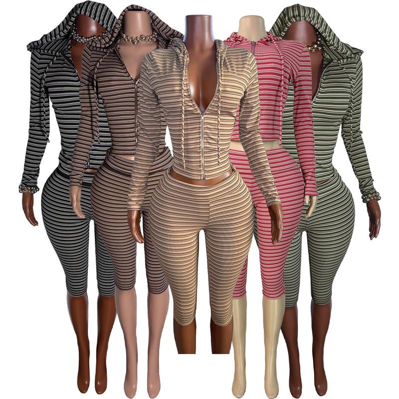 HR26050 European and American fashion women's striped hooded zip-up cardigan with a folded waistband and three-quarter length pants, two-piece set