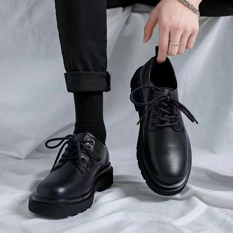 Men's British Style Casual Leather Shoes, Black Thick-Soled Lace-Up Soft-Soled Non-Slip Wear-Resistant Men's Shoes, Cow Suede