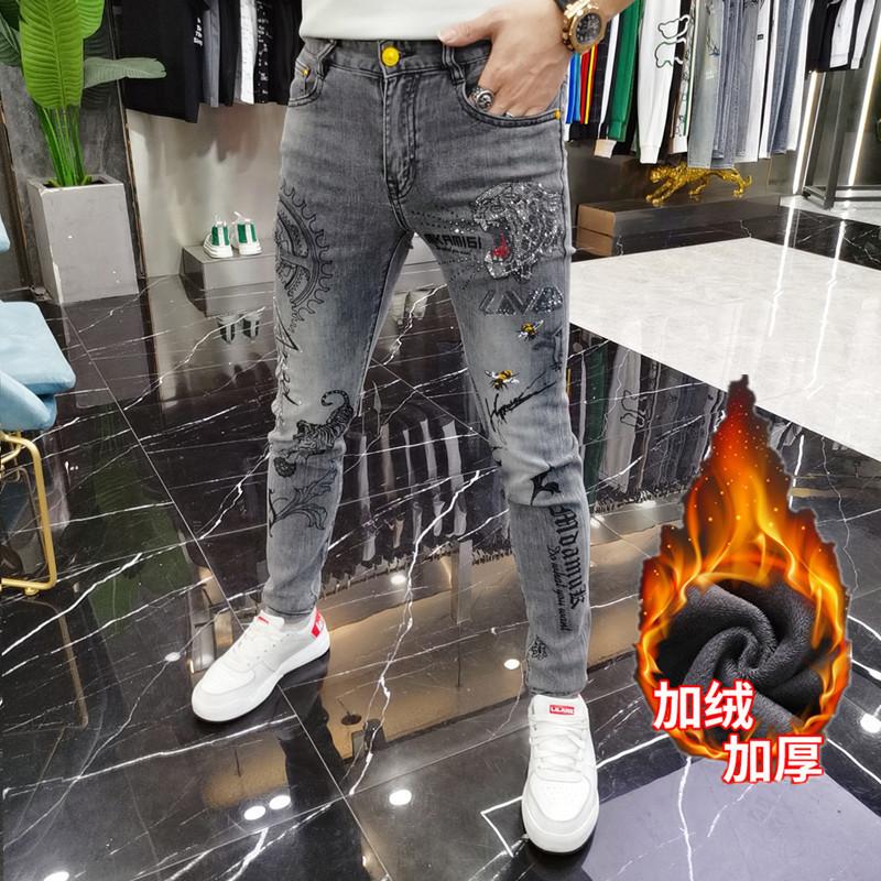 Autumn and Winter European Station Men's fleece-lined Thickened Jeans Trendy Brand Tiger Head Rhinestone Personalized Fashionable Slim-fit Skinny Pants