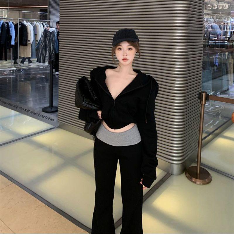 Simple Sports Suit for Women in Autumn and Winter Korean Style Fashionable Slimming Versatile Hooded Sweatshirt and Bootcut Trousers Two-Piece Set for Women