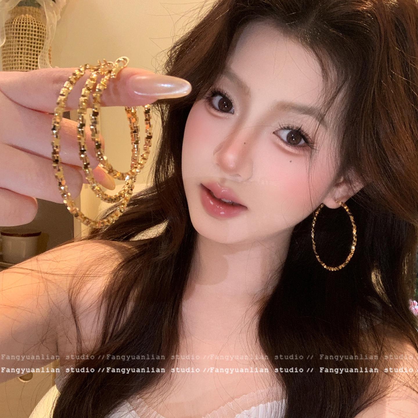 S925 Silver Needle Hoop Earrings with Silver Fragments, Exaggerated Versatile Plain Hoop Earrings, Niche High-End Light Luxury Ear Studs and Accessories