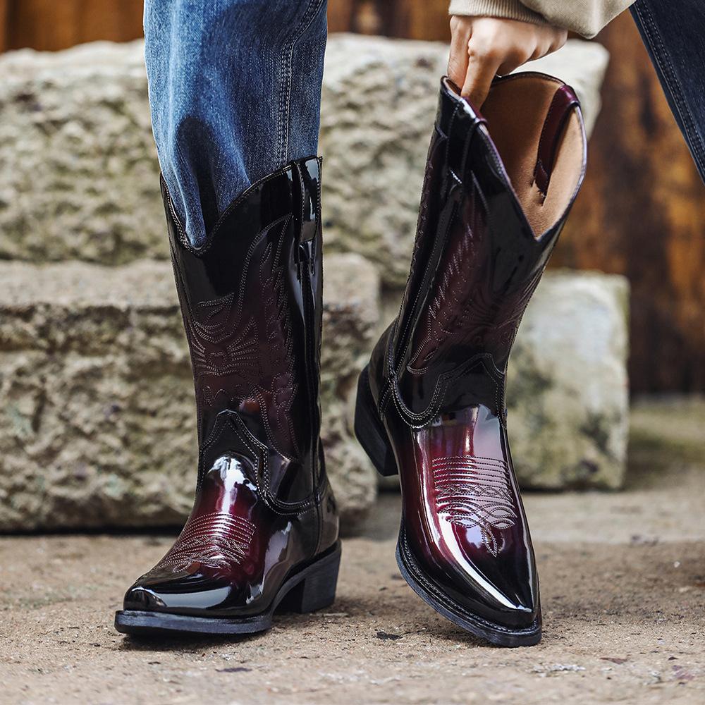 Aorixin Cross-Border 9091 Retro Cowboy Boots Cowboy Leather Shoes High-Top Boots for Women and Men Embroidered High-Heeled Western Boots