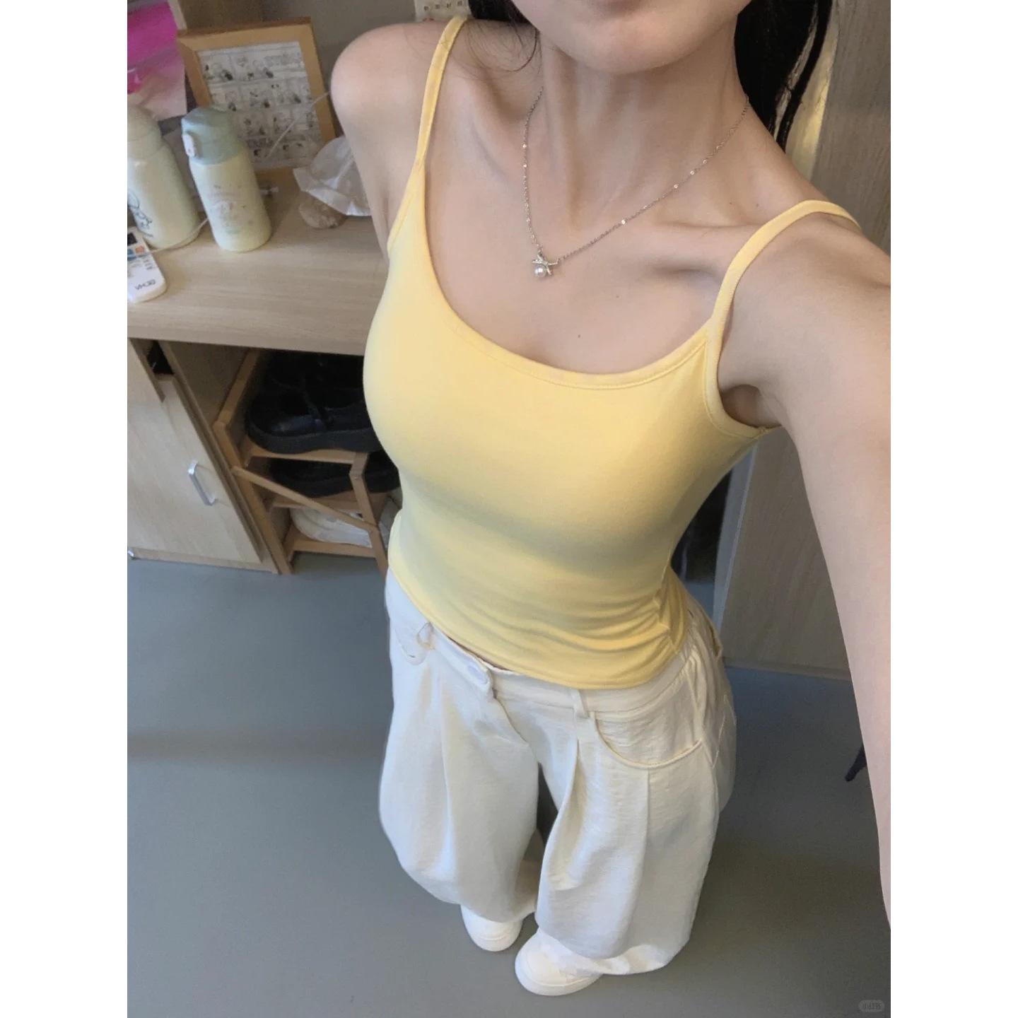 With Chest Pad Yellow Fine Grain Sling Sling Women's Summer Slim-fit Hot Girl Style Bottoming Inner Top Anti-running Outer Wear Vest