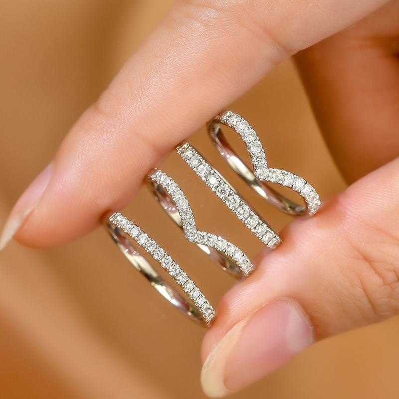 Tiktok Live V-Shaped Simulated Moissanite Diamond Ring Stackable Row Diamond Ring Women's Fashion Adjustable Tail Ring