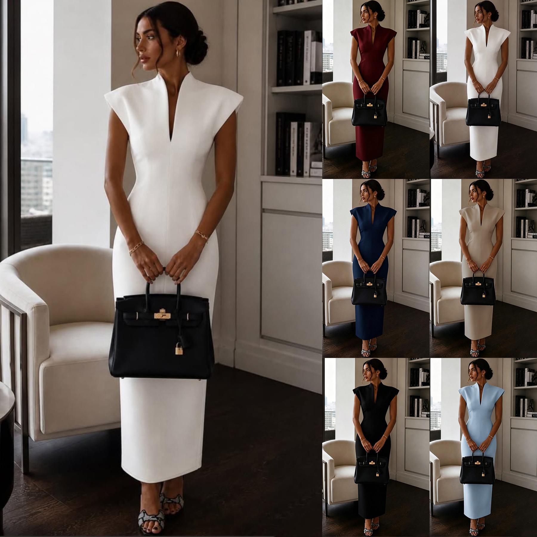2026 Amazon Independent Site Cross-Border New Model Stand Collar V-Neck Sleeveless Waist-Cinching Bodycon Dress Gown