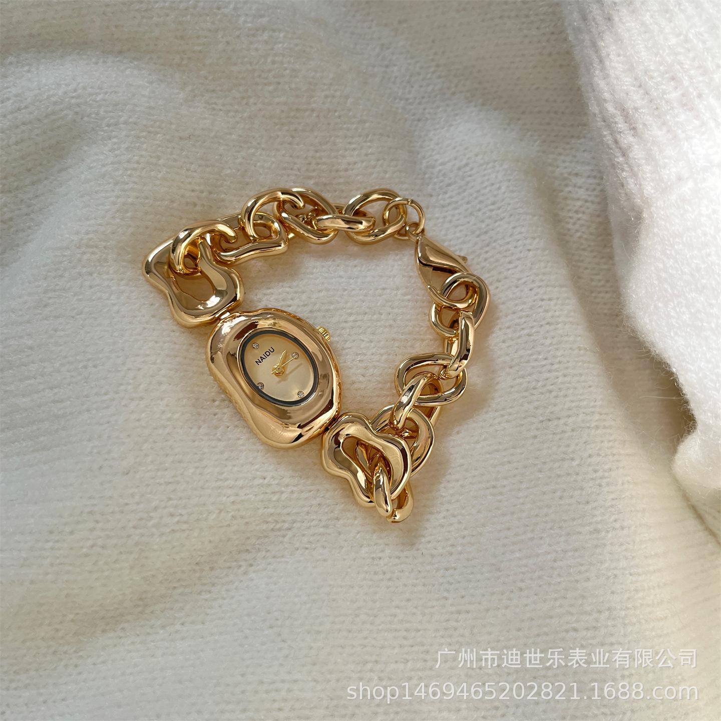 Naidu Irregular Cheese Bracelet Watch for Women, Gold Vintage Style, Versatile for Ladies Commuting Workplace Foreign Trade Live Broadcast