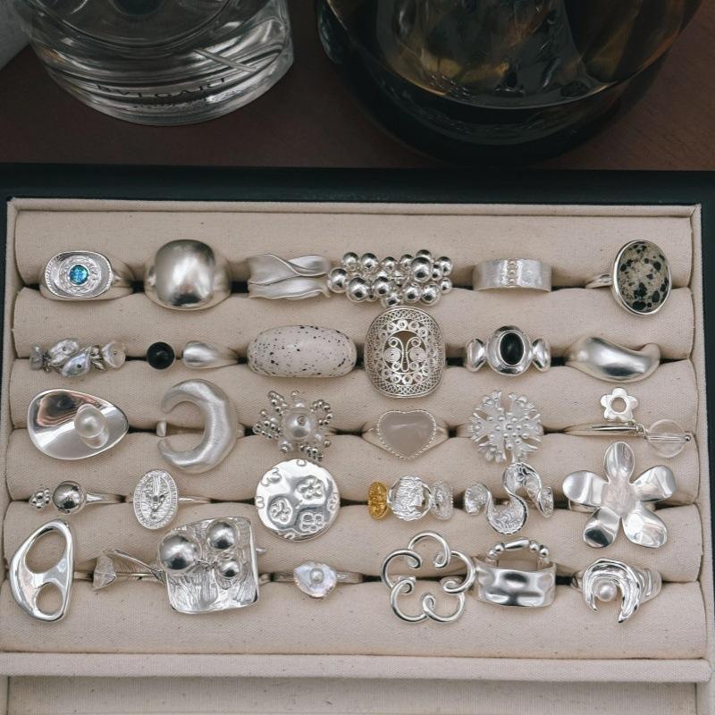 S925 Sterling Silver Same Style Simple Sweet Cool Heavy Industry Flower Ring Female Niche Design High-End Versatile Open Ring