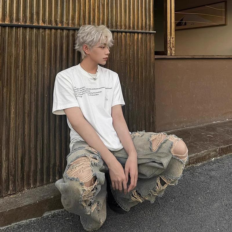 Men's Distressed Straight-Leg Loose Wide-Leg American High Street Jeans, Trendy Brand, Cool Street Style, Vintage Long Pants