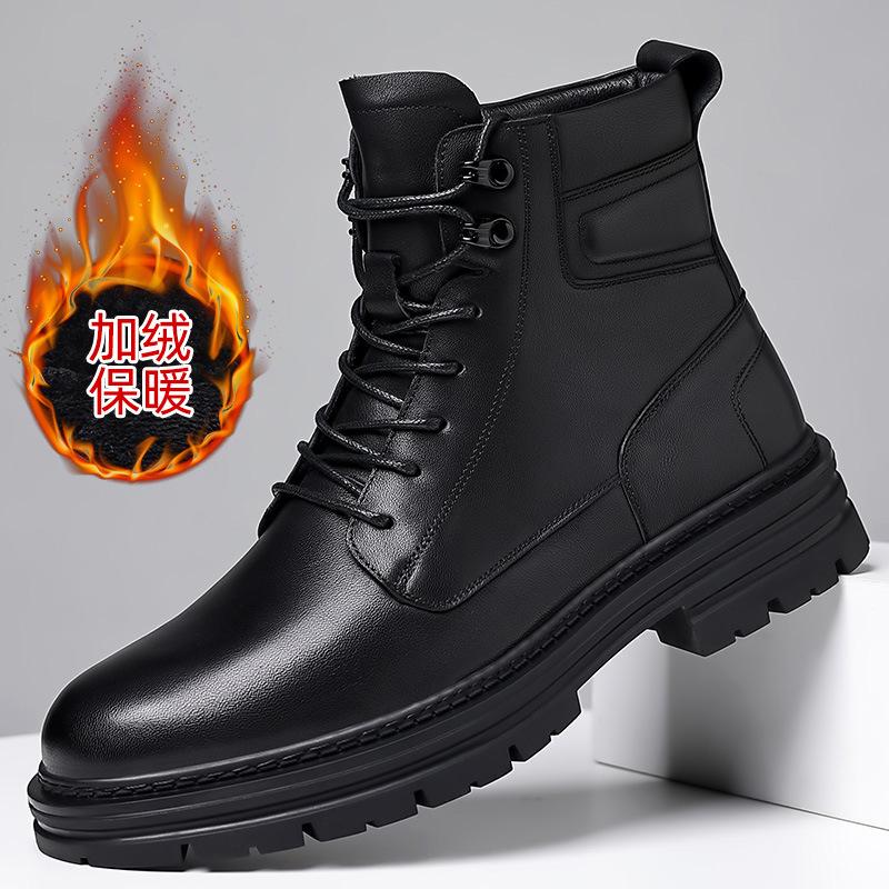First-Layer Cowhide British Style Boots Men's Thick-Soled Side Zipper Boots Popular High-Top Plus Velvet Men's Boots Cross-Border Men's Shoes