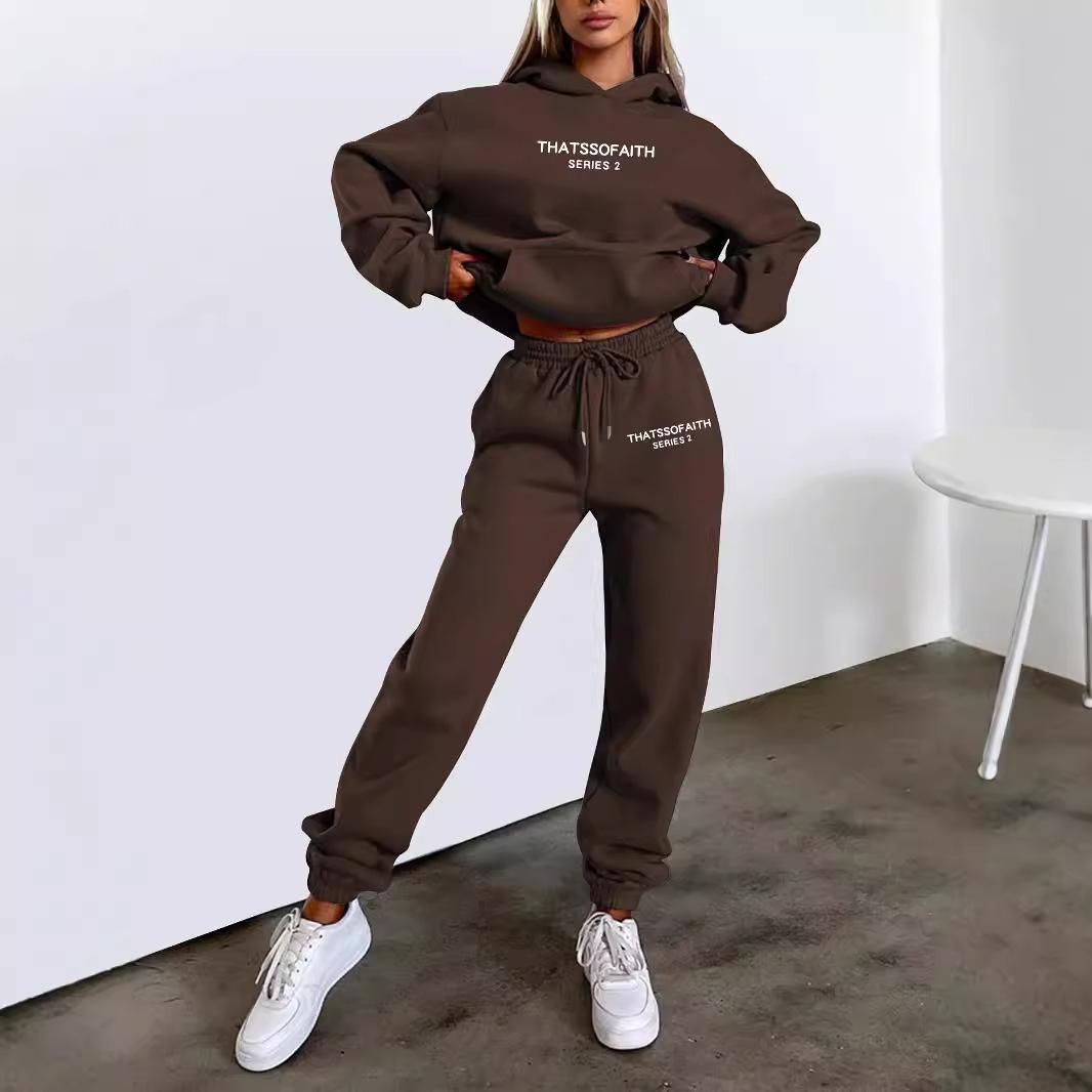 Cross-Border European and American Amazon Popular Women's Letter Printed Hooded Sweatshirt Fashionable Casual Fleece Trousers Suit