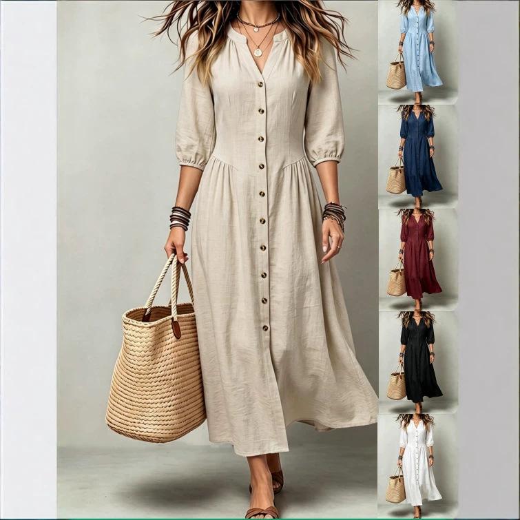 Solid Color Cotton-Linen Dress with Stand Collar, V-Neck, Single-Breasted, Three-Quarter Lantern Sleeves, Cinched Waist, and Large Hem for Casual Vacation Wear
