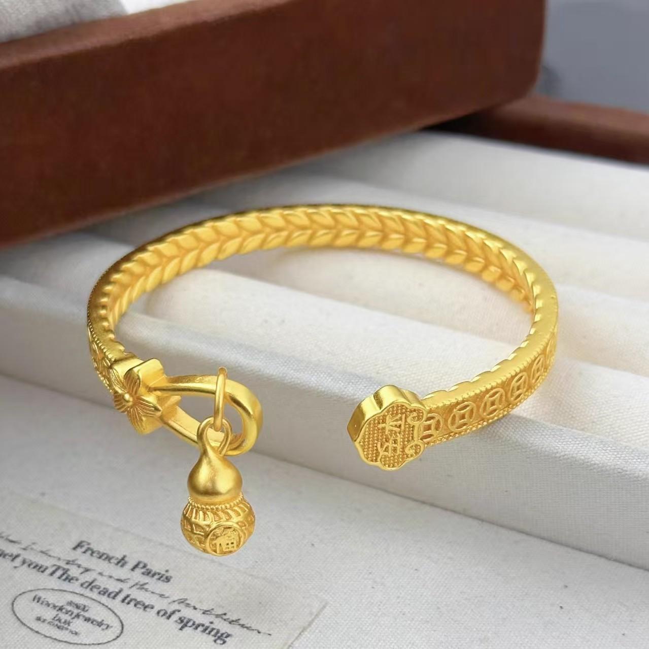 New Vietnamese Traditional Gold-Plated Open Bracelet, Chinese Style Peace Lock Gourd Bracelet, Vintage Jewelry for Women
