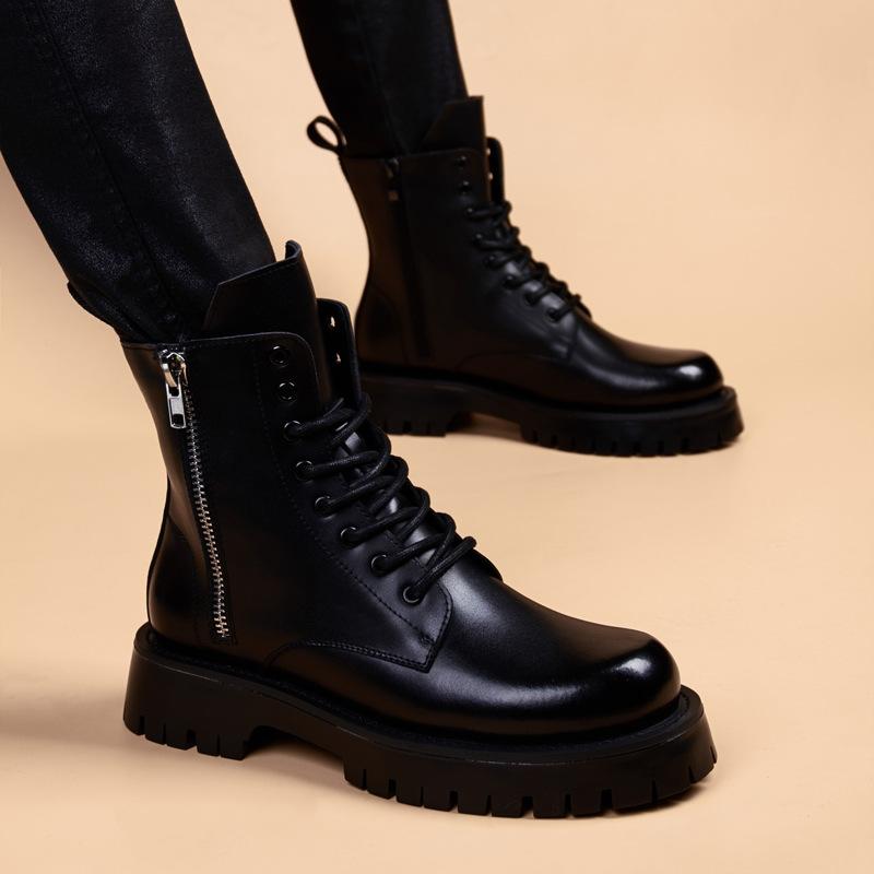 Cool Martyn Boots Men's Korean Style Workwear Boots British High-top Thick-soled Increased Leather Boots Black All-match Men's Boots
