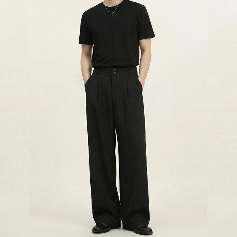 Casual Suit Pants for Men, Spring and Autumn, High-End Drape Effect, Straight Loose Fit, Wrinkle-Resistant, Black Wide-Leg Pants for Petite Men