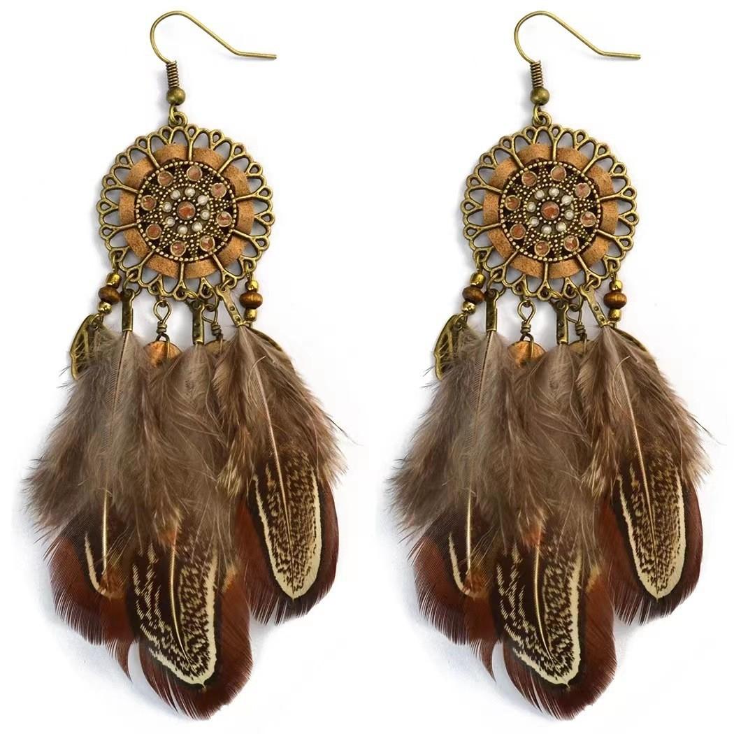 Cross-Border Bohemian Feather Earrings, Personalized National Style, Retro Long Ethnic Style, Xizang New Year Tassel Earrings for Women