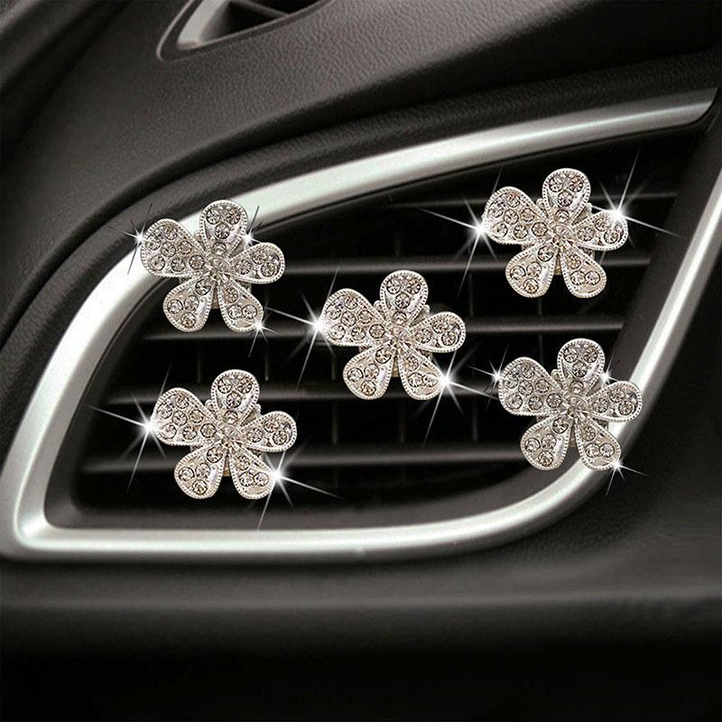 Cross-Border Rhinestone Five-Petal Flower Car Air Vent Decoration Clip Alloy Inlaid Diamond Car Interior Air Vent Ornament Decoration